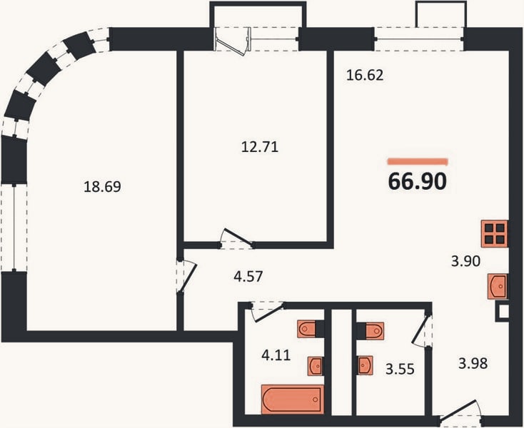 Планировка: 2-к, 66,9 м²