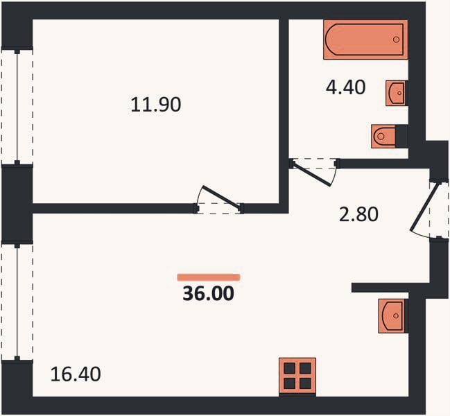 Планировка: 1-к, 35,5 м²
