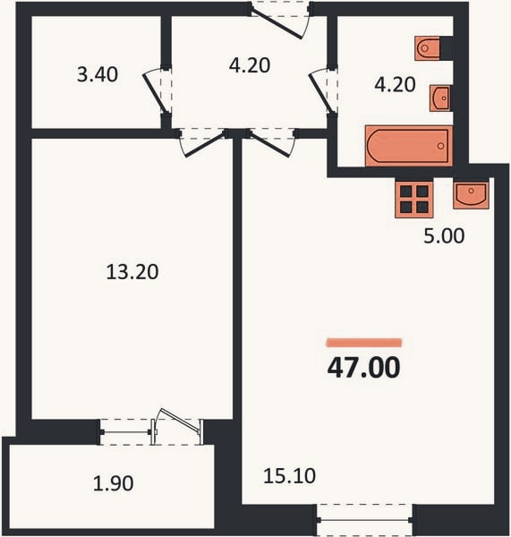 Планировка: 2-к, 47 м²