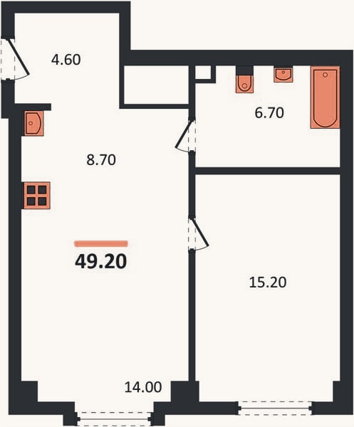 Планировка: 1-к, 49,2 м²