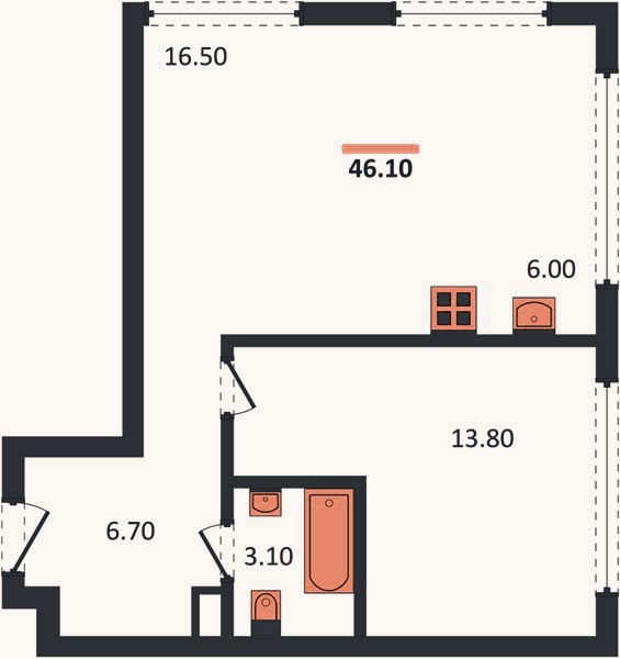 Планировка: 1-к, 46,1 м²