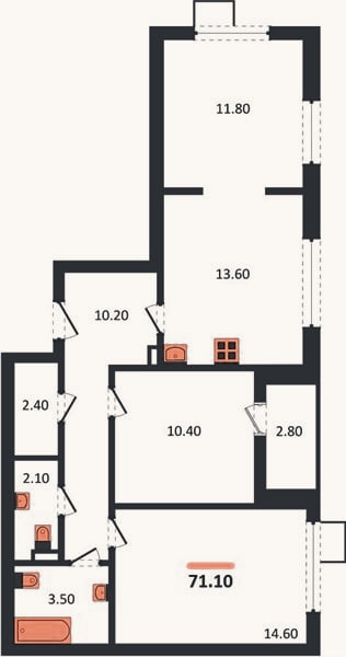 Планировка: 2-к, 71,1 м²