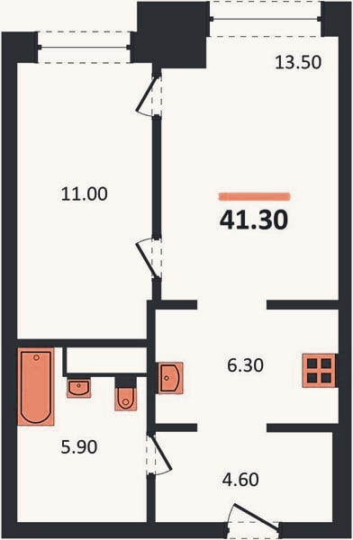 Планировка: 1-к, 41,3 м²