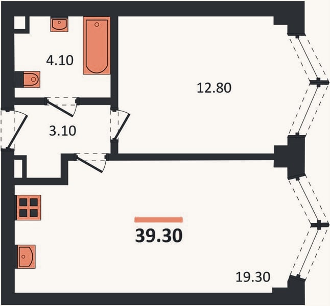 Планировка: 1-к, 39,3 м²