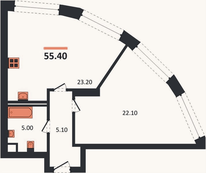 Планировка: 1-к, 55,4 м²
