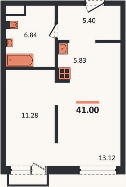 Планировка: 1-к, 41 м²