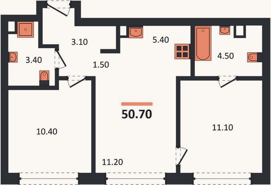 Планировка: 2-к, 50,7 м²
