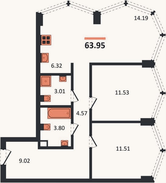 Планировка: 2-к, 64 м²
