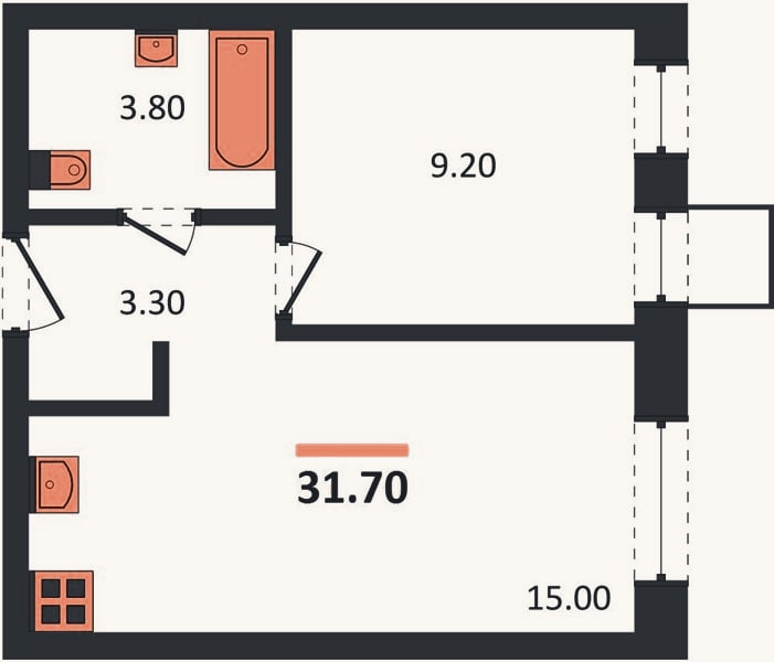 Планировка: 1-к, 31,7 м²