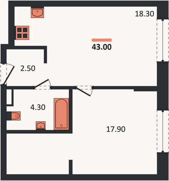 Планировка: 1-к, 43 м²