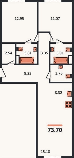 Планировка: 2-к, 73,7 м²