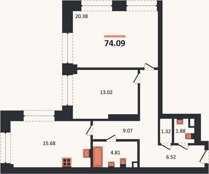 Планировка: 2-к, 74,1 м²