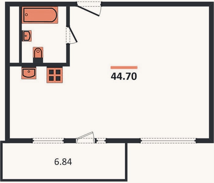 Планировка: 1-к, 44,7 м²