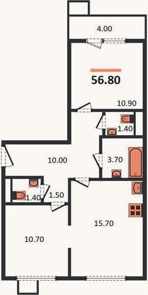 Планировка: 2-к, 56,8 м²