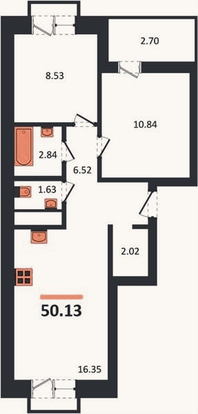 Планировка: 2-к, 50,1 м²
