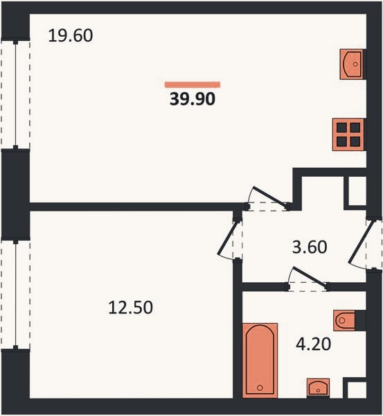 Планировка: 1-к, 39,9 м²