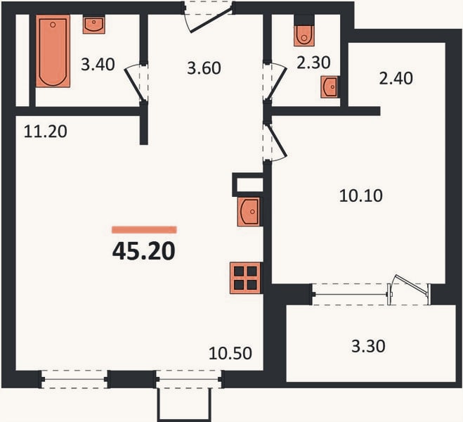 Планировка: 2-к, 45,2 м²