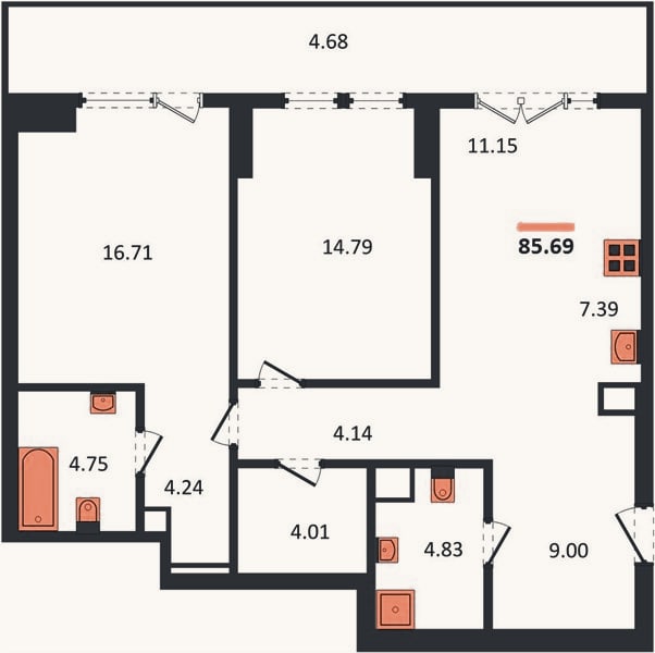 Планировка: 2-к, 85,7 м²