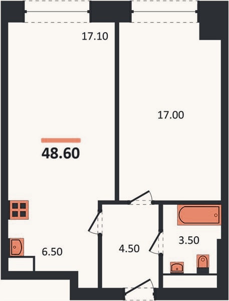 Планировка: 1-к, 48,6 м²