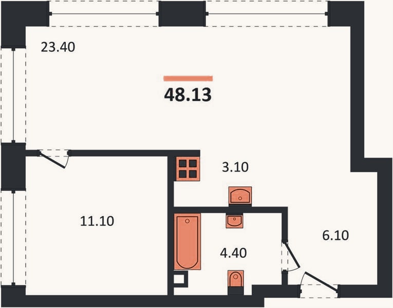 Планировка: 1-к, 48,1 м²