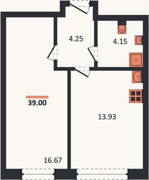 Планировка: 1-к, 39 м²
