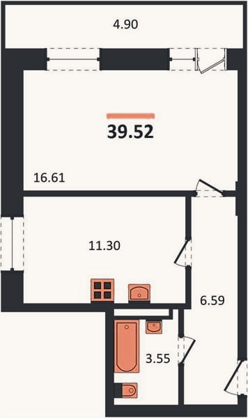 Планировка: Студия, 38,1 м²
