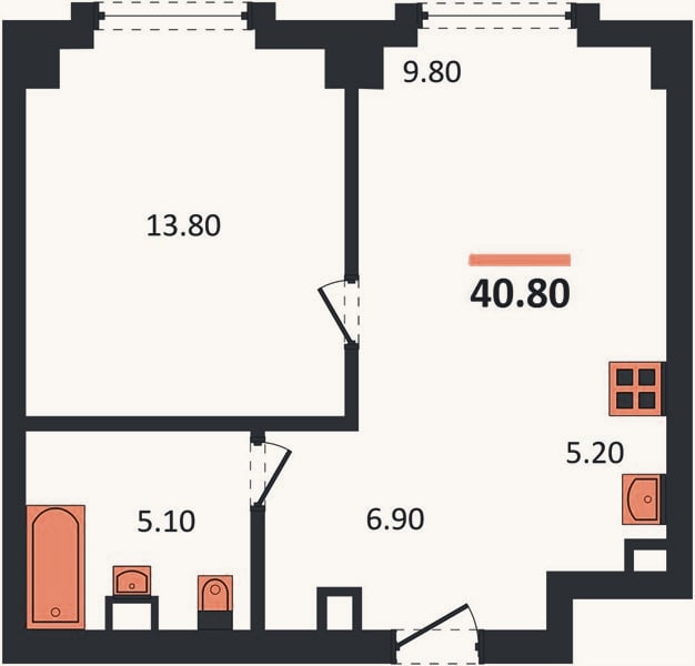 Планировка: 1-к, 40,8 м²