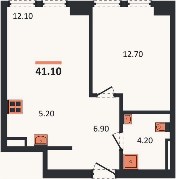 Планировка: 1-к, 41,1 м²
