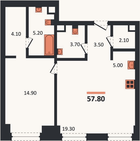 Планировка: 1-к, 57,8 м²