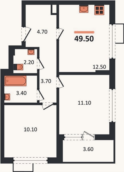Планировка: 2-к, 49,5 м²