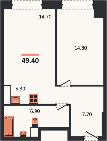 Планировка: 1-к, 49,4 м²