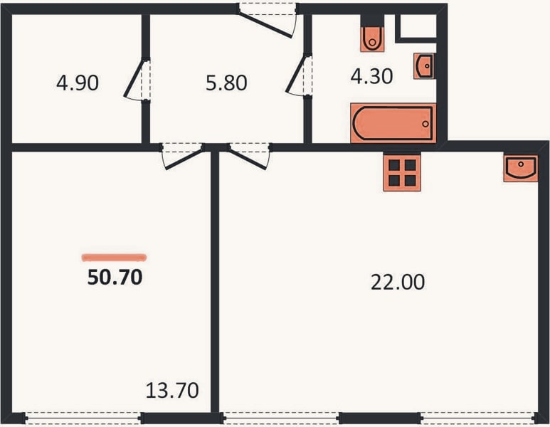 Планировка: 1-к, 50,8 м²
