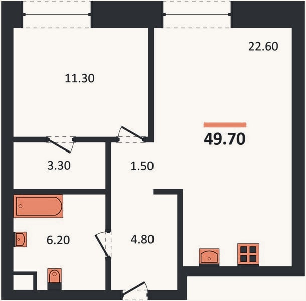 Планировка: 1-к, 49,7 м²