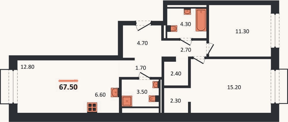 Планировка: 2-к, 67,5 м²
