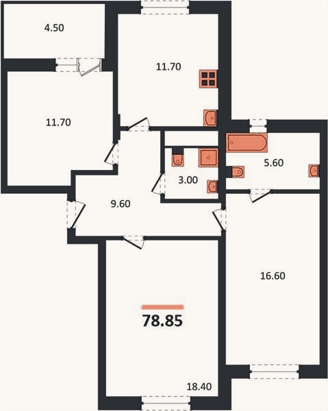Планировка: 3-к, 78,9 м²
