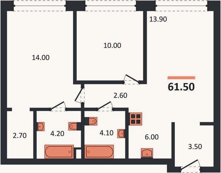Планировка: 2-к, 61,5 м²