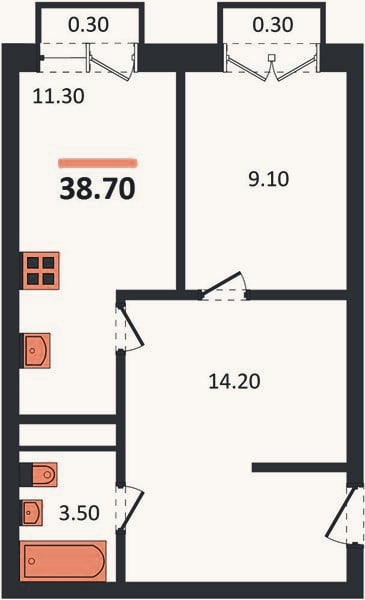 Планировка: 1-к, 38,7 м²