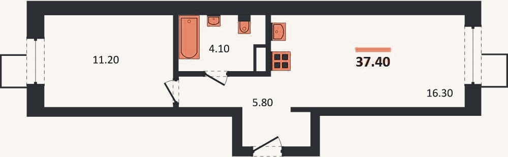 Планировка: 1-к, 37,4 м²