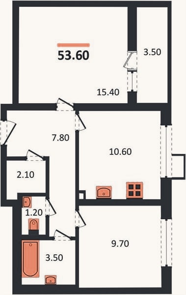 Планировка: 2-к, 53,6 м²