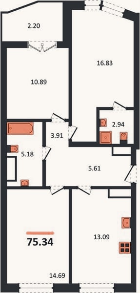 Планировка: 3-к, 75,3 м²