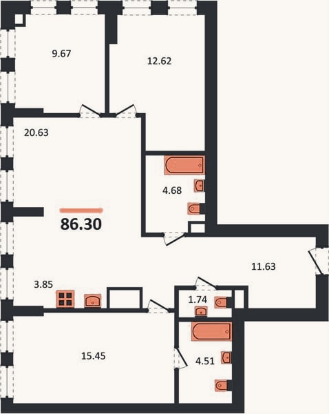 Планировка: 3-к, 86,3 м²