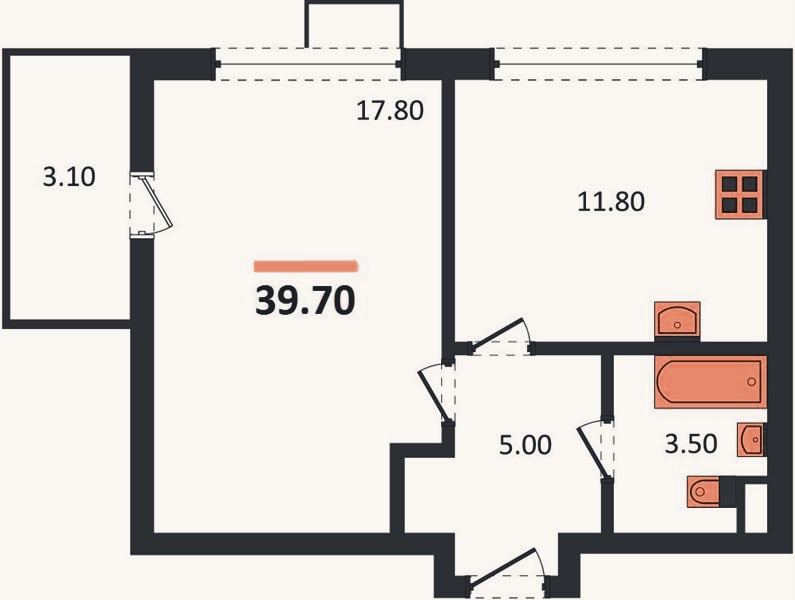 Планировка: 1-к, 39,7 м²