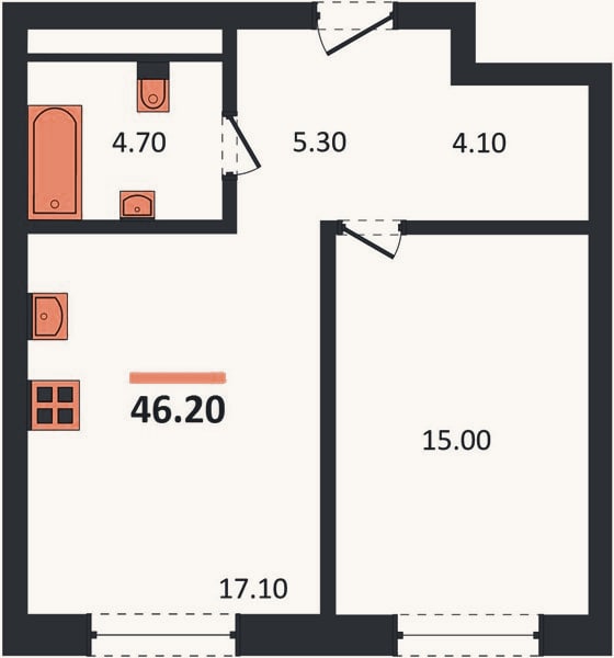Планировка: 1-к, 46,2 м²