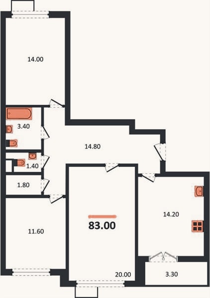 Планировка: 3-к, 83 м²