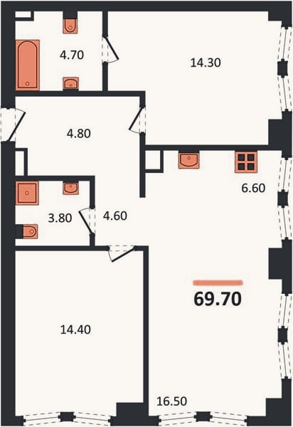 Планировка: 2-к, 69,7 м²
