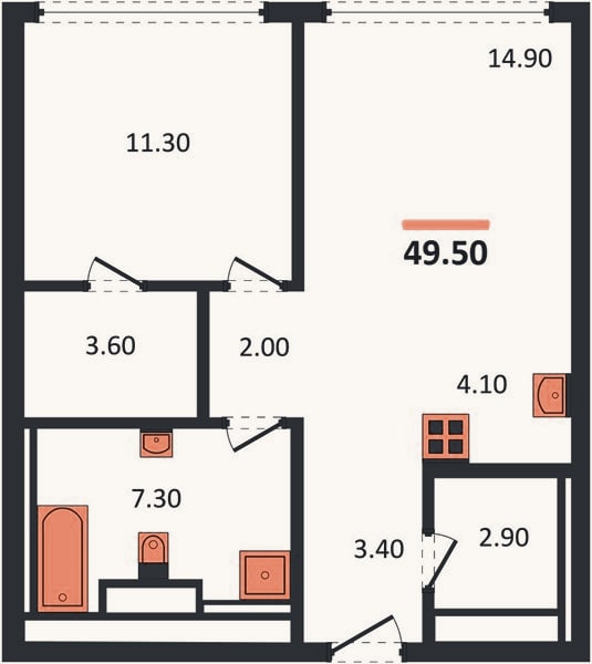 Планировка: 1-к, 49,5 м²