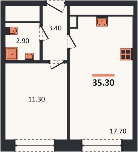Планировка: 1-к, 35,3 м²