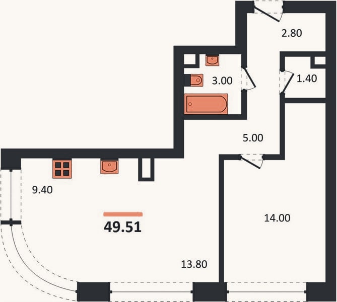 Планировка: 1-к, 49,5 м²