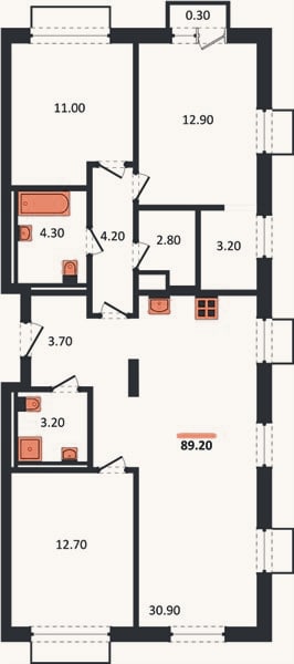 Планировка: 3-к, 89,2 м²