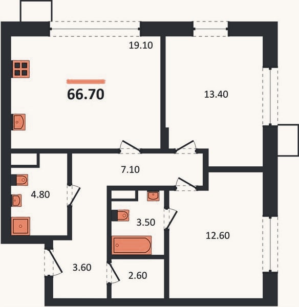 Планировка: 2-к, 66,7 м²